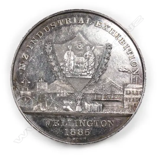 New Zealand Industrial Exhibition of Wellington silver medal awarded to Ernst Rawson in 1885,